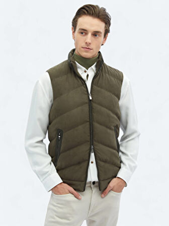 Haki Regular Fit Dik Yaka Casual Dokuma Spor Yelek