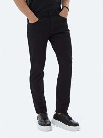 Siyah Düz Dokuma Slim Fit Casual Pamuk Karışımlı Pantolon