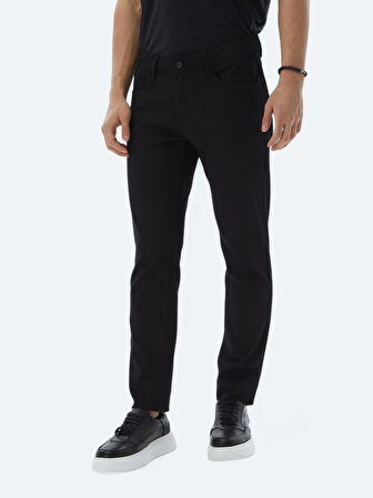 Siyah Düz Dokuma Slim Fit Casual Pamuk Karışımlı Pantolon