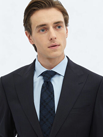 Siyah Desenli Modern Fit Yün Karışımlı Takım Elbise