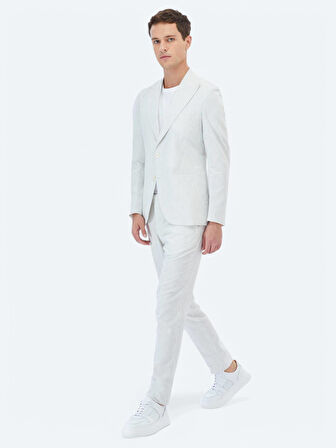 Ekru Çizgili Slim Fit Pamuk Karışımlı Takım Elbise