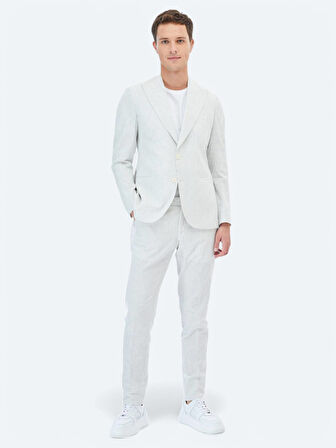 Ekru Çizgili Slim Fit Pamuk Karışımlı Takım Elbise