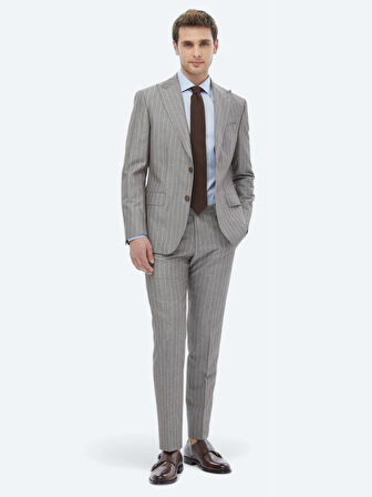 Vizon Çizgili Modern Fit Keten Karışımlı Takım Elbise