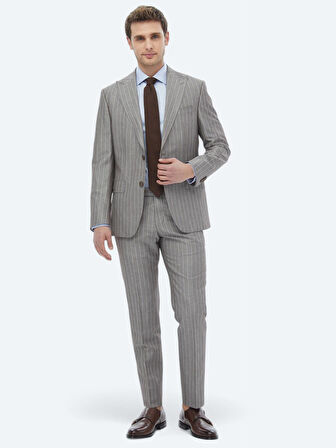 Vizon Çizgili Modern Fit Keten Karışımlı Takım Elbise