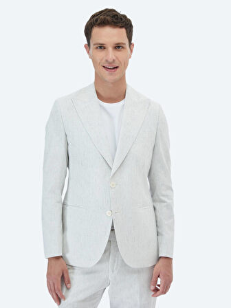 Ekru Çizgili Slim Fit Pamuk Karışımlı Takım Elbise