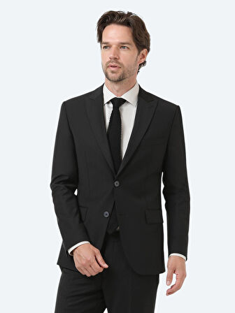 Siyah Düz Modern Fit Yün Karışımlı Takım Elbise