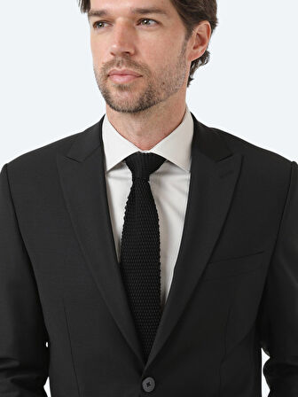 Siyah Düz Modern Fit Yün Karışımlı Takım Elbise