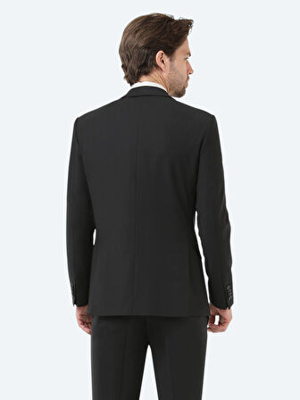 Siyah Düz Modern Fit Yün Karışımlı Takım Elbise