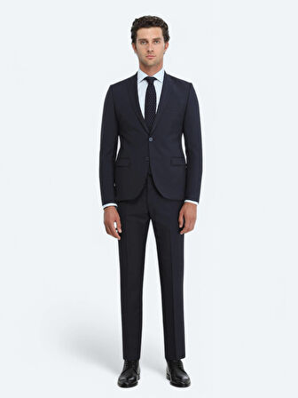Lacivert Düz Slim Fit Yün Karışımlı Takım Elbise
