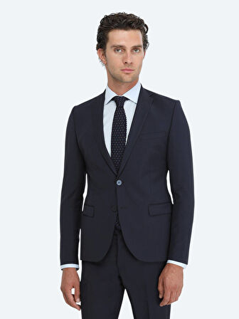 Lacivert Düz Slim Fit Yün Karışımlı Takım Elbise