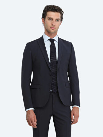 Lacivert Düz Slim Fit Yün Karışımlı Takım Elbise