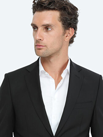 Siyah Düz Modern Fit Yün Karışımlı Takım Elbise