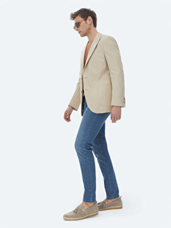 Bej Çizgili Modern Fit Pamuk Karışımlı Ceket