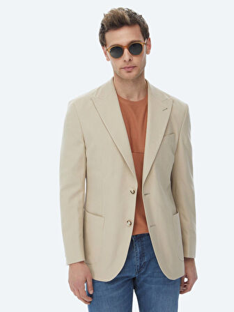 Bej Çizgili Modern Fit Pamuk Karışımlı Ceket