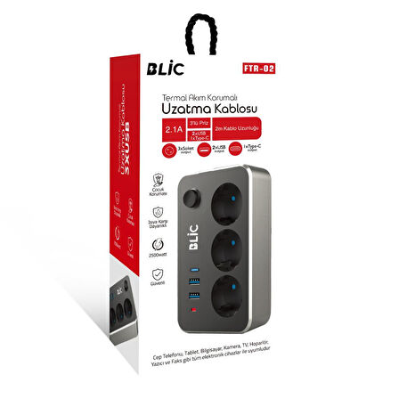 Blic Termal Akım Korumalı Isıya Dayanıklı 3'lü Priz 2 Mt 2xUSB 1xType C FTR-02