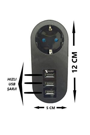 Fultech FTR-07 Akım Korumalı 2,1A 3 USB Li Çocuk Korumalı Fiş Priz Siyah