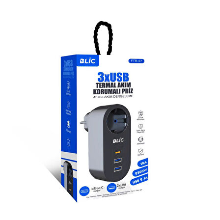 Blic Termal Akım Korumalı, Isıya Dayanıklı Tekli Priz 2xUSB 1xType C FTR-07