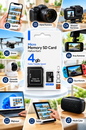 4 GB Micro SD Hafıza Kartı Class 10 – SD Adaptörlü Hızlı Veri Aktarımı,