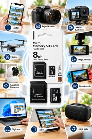 8GB Micro SD Hafıza Kartı Class 10 – SD Adaptörlü Hızlı Veri Aktarımı