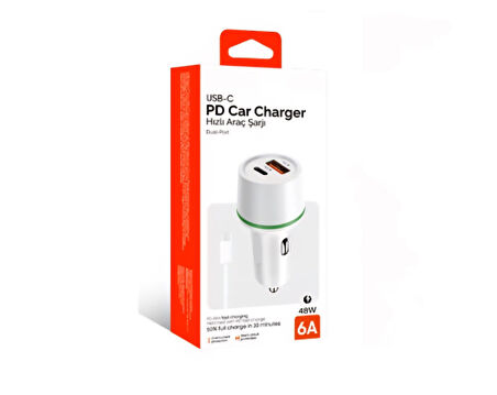 48w Araç Çakmaklık Hızlı Şarj Aleti Araç Şarj Cihazı Type-C - Usb Çift Çikişli Type-C Kablolu LKC-37
