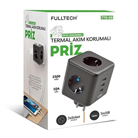 Fulltech 09 Termal Akım Korumalı Priz 3 Usb'Li - Hrd-010164