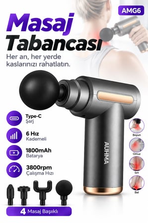 Auhma AMG6 Masaj Tabancası – 6 Kademeli, Derin Doku Masajı, Yüksek Tork Motor