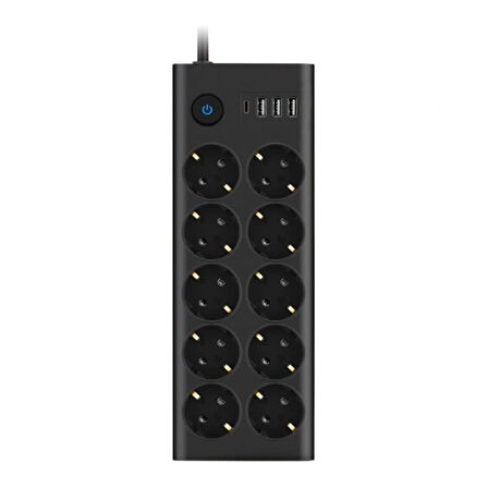Aksesuarcı Termal Akım Korumalı 10'lu Priz, 3x USB, 1x Type-C Giriş, Isıya Dayanıklı, On'lu Grup Priz, Çoklu Uzatma Kablo, SİYAH, FTR-14