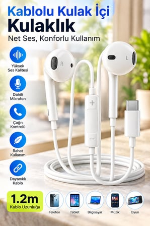 USB Type-C Kablolu Kulaklık – Mikrofonlu ve Ses Kontrollü, Telefon Tablet Bilgisayar Uyumlu Kulak İçi Kulaklık