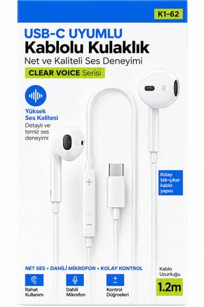USB Type-C Kablolu Kulaklık – Mikrofonlu ve Ses Kontrollü, Telefon Tablet Bilgisayar Uyumlu Kulak İçi Kulaklık