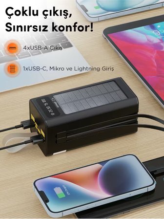 Linkage LKP-47 50000mAh Solar Powerbank | Güneş Enerjili Taşınabilir Şarj Aleti | LCD Ekranlı, Çoklu Giriş & Çıkışlı, Kamp Işıklı
