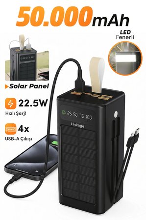 Linkage LKP-47 50000mAh Solar Powerbank | Güneş Enerjili Taşınabilir Şarj Aleti | LCD Ekranlı, Çoklu Giriş & Çıkışlı, Kamp Işıklı