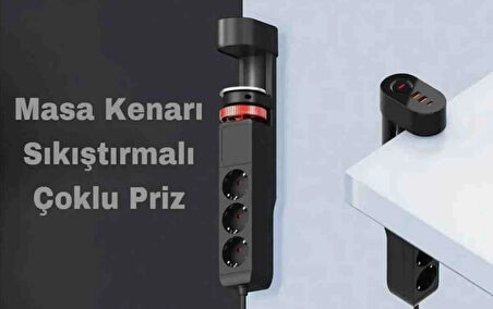 ROSE TEKNOLOJİ TERMAL AKIM KORUMALI MASA KENARI AYARLANABİLİR 3 PRİZ+2 USB+1 TYPE-C GİRİŞLİ 1.8M UZATMA KABLOLU HIZLI ŞARJ ESTEKLİ ÜÇLÜ PRİZ