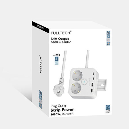 Fulltech Beyaz Termal Akım Korumalı 2 Li Priz 2x Type C 2x USB 3680 W FTR-21