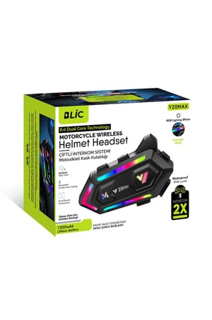 Blic Y20MAX Bluetooth 6.0 Motosiklet Kask Kulaklığı – Çiftli İnterkom, 300 Metre Menzil, 25 Saat Konuşma, RGB Işık, IPX6, 1000mAh