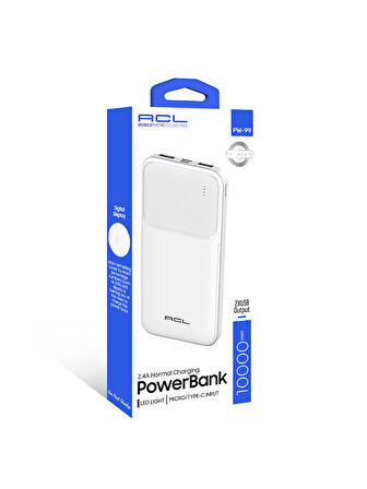 ACL PW-99 10000mAh Powerbank Beyaz | LED Göstergeli, 2.4A Hızlı Şarj, Çift USB & Type-C Çıkışlı, Akıllı Güvenlik Sistemli Taşınabilir Şarj Cihazı
