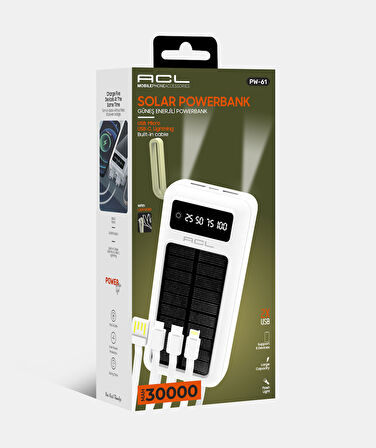 ACL PW-61 30.000mAh Güneş Enerjili Powerbank Beyaz | 5 Cihaz Aynı Anda Şarj | USB-C & Lightning & Micro USB & 2x USB Çıkış | Dahili LED Fener