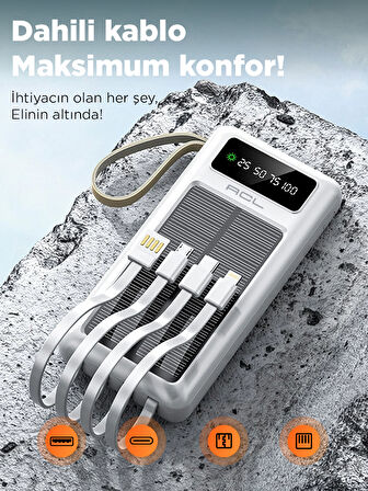 ACL PW-61 30.000mAh Güneş Enerjili Powerbank Beyaz | 5 Cihaz Aynı Anda Şarj | USB-C & Lightning & Micro USB & 2x USB Çıkış | Dahili LED Fener