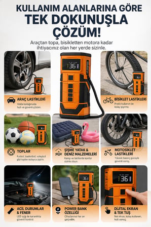 Araç Jump Starter 800A Akü Takviye Kompresör 12V Hava Pompası Powerbank LED Işıklı