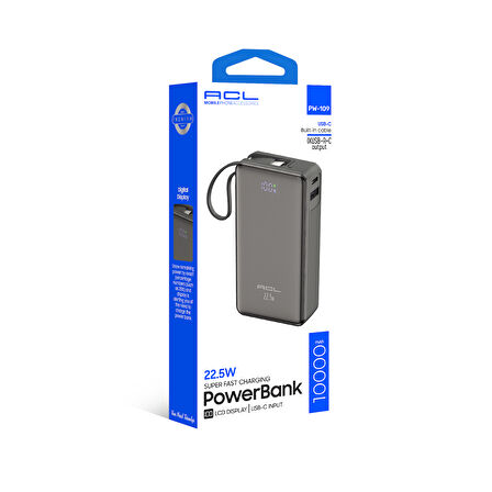 ACL PW-109 10000mAh 22.5W Süper Hızlı Şarj Powerbank - LCD Ekranlı, Type-C Dahili Kablo, 3 Cihaz Şarj Desteği