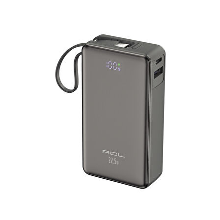 ACL PW-109 10000mAh 22.5W Süper Hızlı Şarj Powerbank - LCD Ekranlı, Type-C Dahili Kablo, 3 Cihaz Şarj Desteği