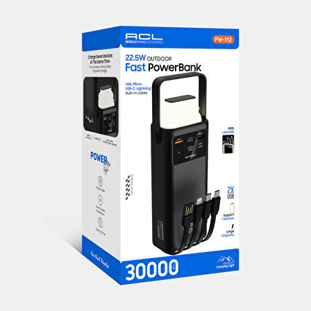 ACL PW-112 22.5W Outdoor Hızlı Şarj Powerbank Siyah – 30.000mAh Kapasite, Çoklu USB Çıkış, Dahili Kablolar, LED Ekran & Kamp Lambası