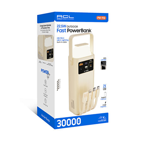 ACL PW-112 22.5W Outdoor Hızlı Şarj Powerbank Beyaz – 30.000mAh Kapasite, Çoklu USB Çıkış, Dahili Kablolar, LED Ekran & Kamp Lambası