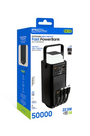 ACL PW-113 50000mAh 22.5W Hızlı Şarjlı Outdoor Powerbank Kamp Lambalı Dahili Kablolu Taşınabilir Şarj Cihazı