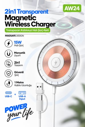 ACL AW24 15W MagSafe Uyumlu Manyetik Kablosuz Hızlı Şarj Aleti, USB-C & USB-A Çift Girişli 1 Metre Kablolu Şarj Cihazı