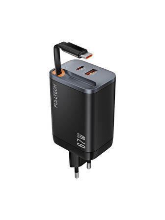 Fulltech FC23 67W GaN Hızlı Şarj Adaptörü | Dahili Retractable USB-C Kablo + USB-A Çıkışı | Telefon, Tablet ve Laptop Uyumlu