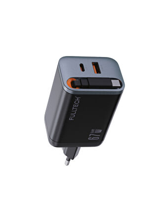 Fulltech FC23 67W GaN Hızlı Şarj Adaptörü | Dahili Retractable USB-C Kablo + USB-A Çıkışı | Telefon, Tablet ve Laptop Uyumlu