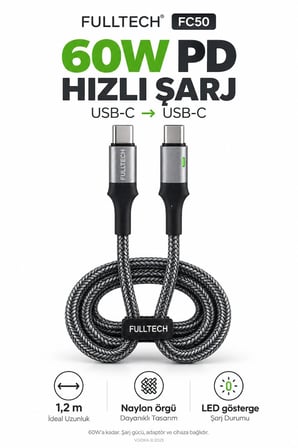 Hızlı Şarj Kablosu Type-C to Type-C 60W PD Hızlı Şarj ve Veri Kablosu 1,2 Metre Örgülü LED Göstergeli
