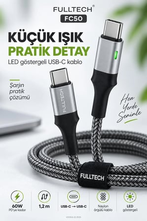 Hızlı Şarj Kablosu Type-C to Type-C 60W PD Hızlı Şarj ve Veri Kablosu 1,2 Metre Örgülü LED Göstergeli