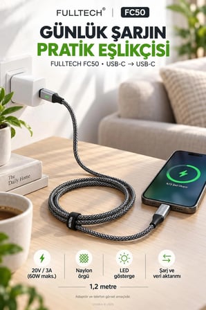 Hızlı Şarj Kablosu Type-C to Type-C 60W PD Hızlı Şarj ve Veri Kablosu 1,2 Metre Örgülü LED Göstergeli