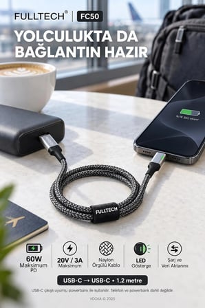 Hızlı Şarj Kablosu Type-C to Type-C 60W PD Hızlı Şarj ve Veri Kablosu 1,2 Metre Örgülü LED Göstergeli